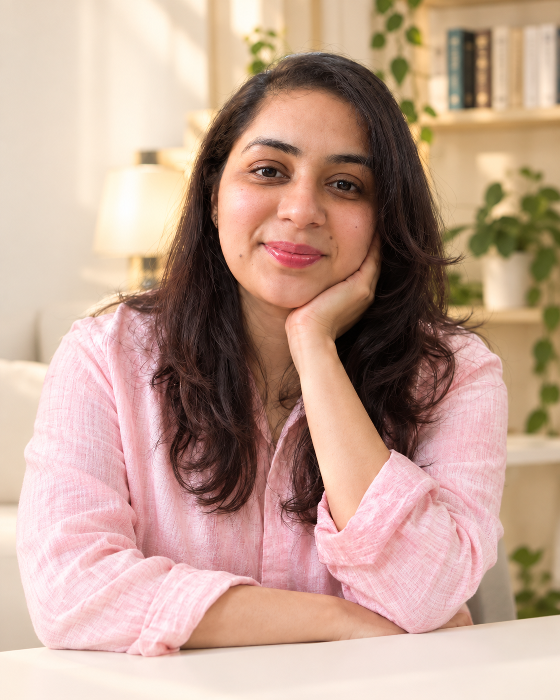 Dr. Apoorva in pink, resting her chin on her hand
